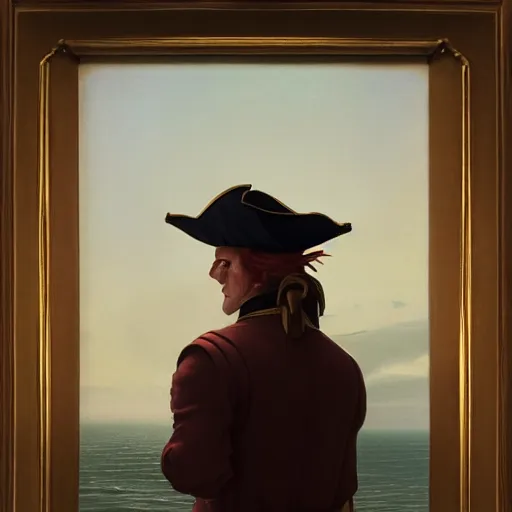 Image similar to a pirate captain gazing into the horizon in the style of mary jane ansell.