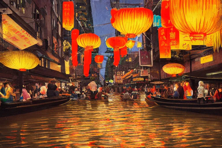 Prompt: a painting of a far-future flooded Manhattan Chinatown during a festival at dusk, with paper lanterns, banners, lights, and canal streets with people in gondolas and other boats floating by, sparkling water, low angle, wide angle, beautiful, warm dynamic lighting, atmospheric, cinematic, highly detailed digital art