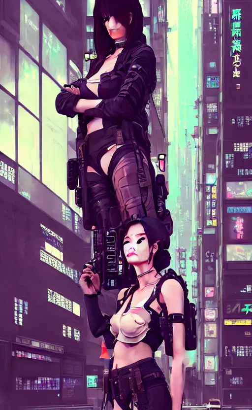 Image similar to hyper - realistic cyberpunk portrait of beautiful! anime woman standing on tokyo street, extreme detail, alluring, in style of yoji shinkawa, pan ren wei, col price, atey ghailan, by greg rutkowski, by greg tocchini, by james gilleard, by joe fenton, by kaethe butcher, grunge aesthetic