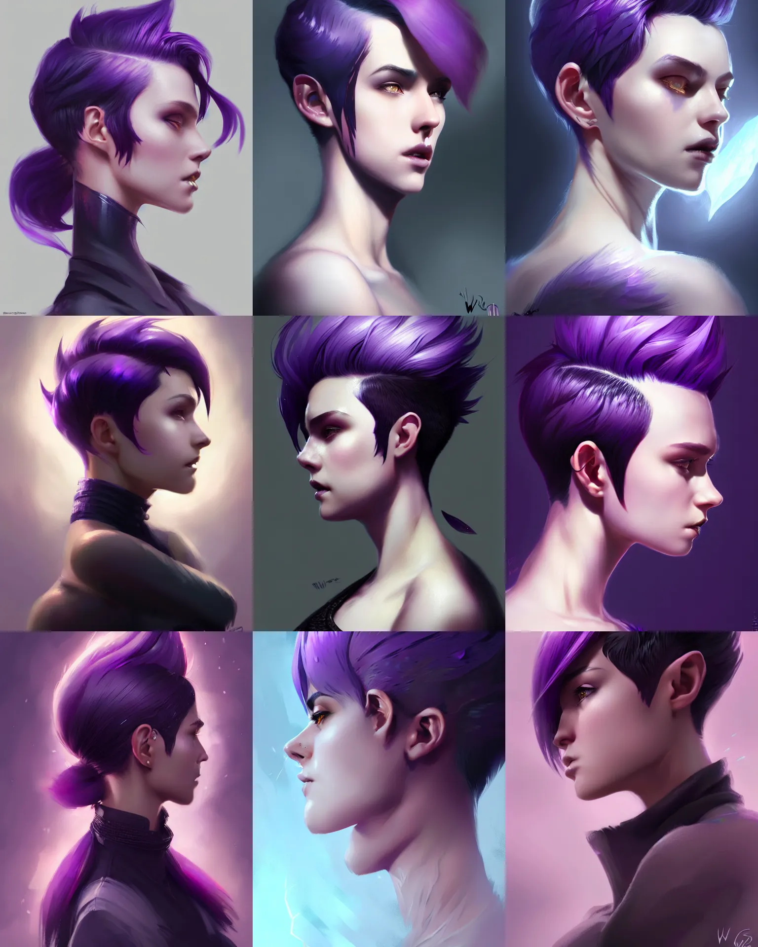 Prompt: Side Portrait of attractive magic young adult female, pixie undercut hairstyle, black to purple fade hairstyle, thick dragon scales peak through hair, rim light, digital painting, sketchy concept art, sharp focus, illustration, art by WLOP and greg rutkowski