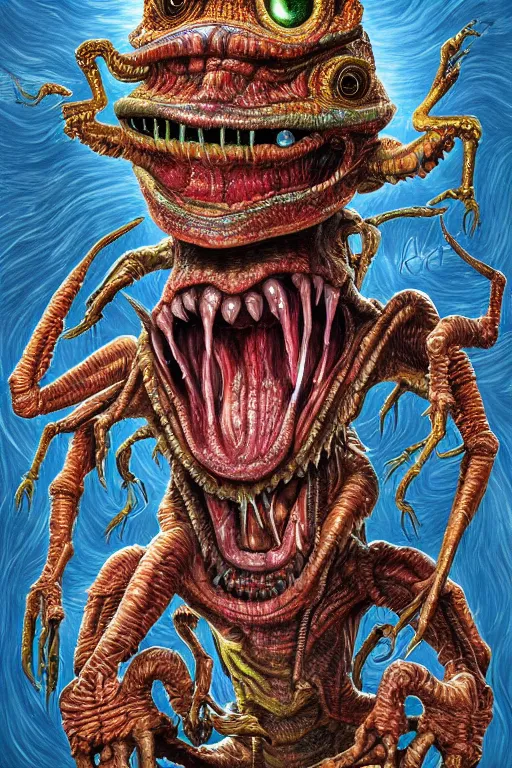 Image similar to a hyper - detailed painting of a deformed alien with various eyes, legs and arms, with skin with scales and strange textures, his mouth is open and they are screaming, from his mouth come out various chaotic monsters seeking revenge on evil humans and enslaving aliens