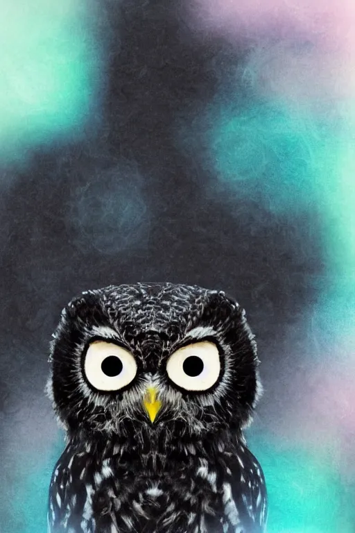 Prompt: cute little owl wearing black biker jacket, portrait photo, backlit, studio photo, pastel swirls background