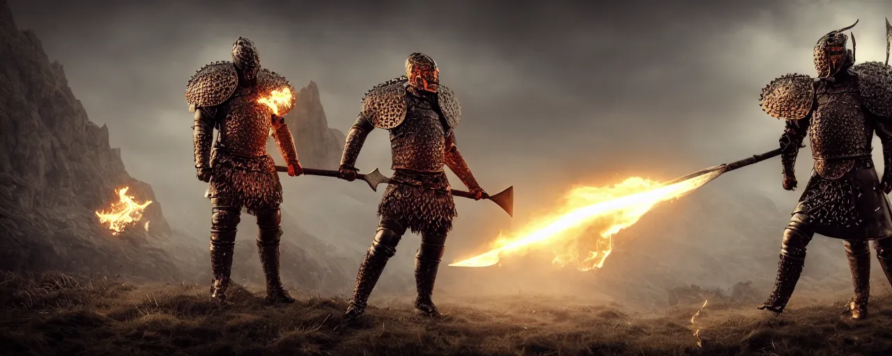 Prompt: full body portrait photo of a brutal nordic Warrior, wearing intricate steel armor, holding magical fiery battle-axe, sharp focus, highland landscape with few trees background, magical aura, heroic pose, fantasy style, octane render, volumetric lighting, 8k high definition, highly detailed, trending on ArtStation, centered