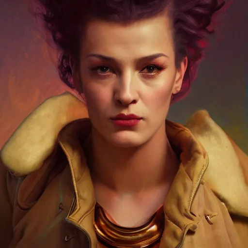 Image similar to portrait of zarya from overwatch in disco elysium, by alexander mcqueen, by roberto ferri, by tom bagshaw, by j. c. leyendecker and klimt, by austin osman spare, highly detailed oil painting, very intricate, cinematic lighting, award - winning, american romanticism, artstation, cgsociety, official art, octane