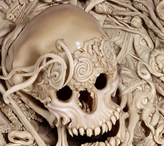 Image similar to an intricately detailed carving in an human - octopus skull, rococo ornate bone and ivory sculpted skull with teeth and tentacles, horror, artifact, micro detailed, inscribed with occult symbols, otherworldly