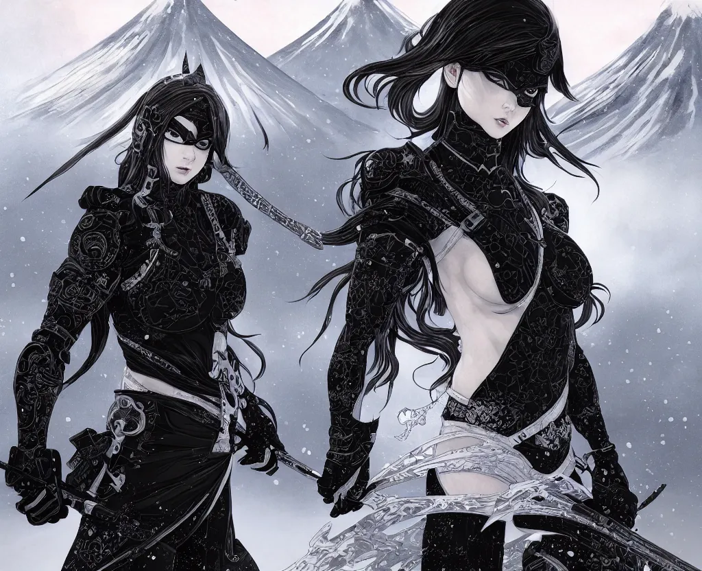 Image similar to portrait ninja gaiden girl, black plus white ninja wardrobe, at snowy fuji mountain sunrise, ssci - fi and fantasy, intricate and very very beautiful, detailed, digital painting, artstation, concept art, smooth and sharp focus, illustration, art by tian zi and wlop and alphonse mucha