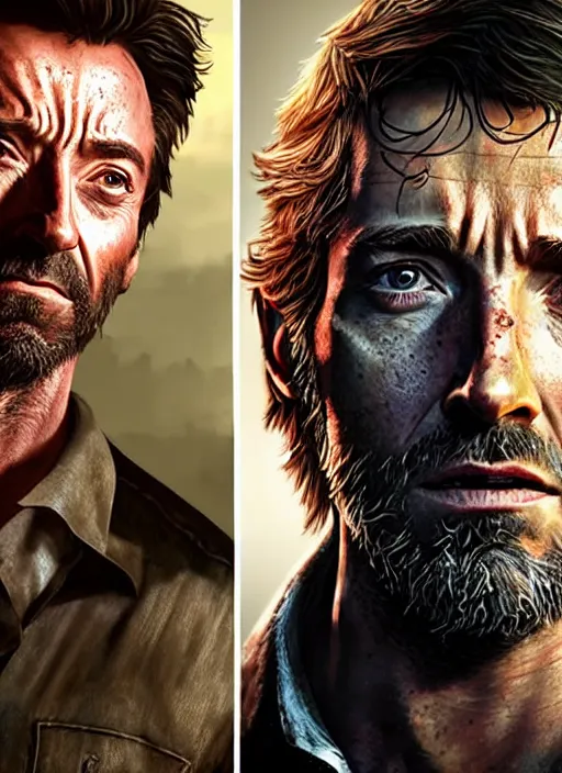 Image similar to hugh jackman as joel from the last of us standing with millie bobby brown as ellie, character concept art, hyperrealistic, detailed, accurate illustration, dramatic lighting