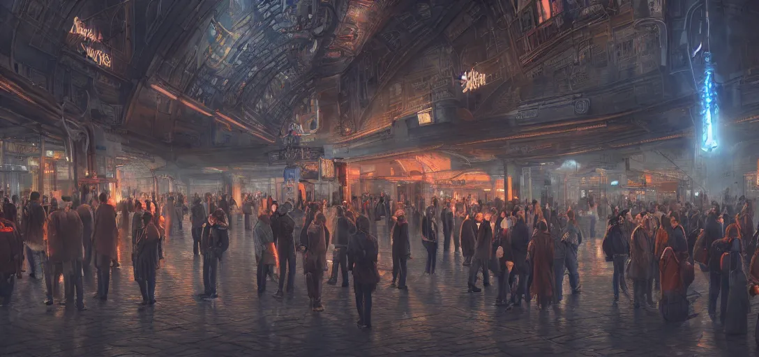 Image similar to some people waiting in train station in qiet dark city, hyper detailed, orange red blue tones dramatic lighting, cgsociety, realistic, hyper detailed, insane details, intricate, dramatic lighting, hypermaximalist, golden ratio, rule of thirds, octane render, weta digital, micro details, ultra wide angle, artstation trending, 8 k,