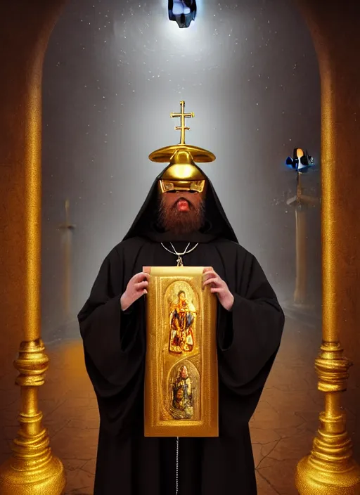 Prompt: surrealistic portrait of cute fluffy anthropomorphic caracal as orthodox priest in golden clothes, caracal head, wearing vr, in orthodox church at background, dynamic lighting, darkness, ambients, dramatic, foggy, heavy bokeh and blur, cinematic, depth of field, art by bussiere rutkowski andreas rocha