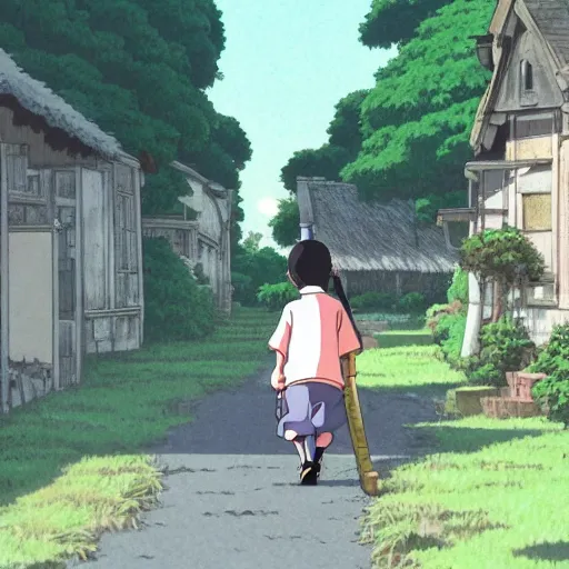 Image similar to anime, a young kid walking to a house with a playstation under his arm, happy, studio ghibli,