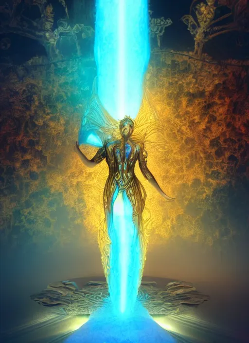 Image similar to flowers within the whole infinite capsule apparent with awe the apparition, an idea seep's into infinity highly detailed in volumetric latent space, golden turquoise steampunk, high contrast cinematic light, mystical shadows, sharp focus, divine realm of gods, octane render, artist by boris vallejo,