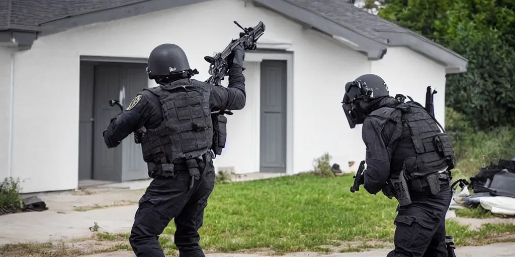 Prompt: an over shoulder from behind shot of swat breaching a house