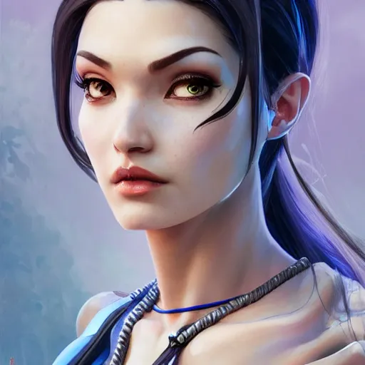 Image similar to character portrait of Widowmaker from Overwatch, blue skin, intricate, wild, highly detailed, digital painting, artstation, upper body, concept art, smooth, sharp focus, illustration, art by artgerm and greg rutkowski and alphonse mucha