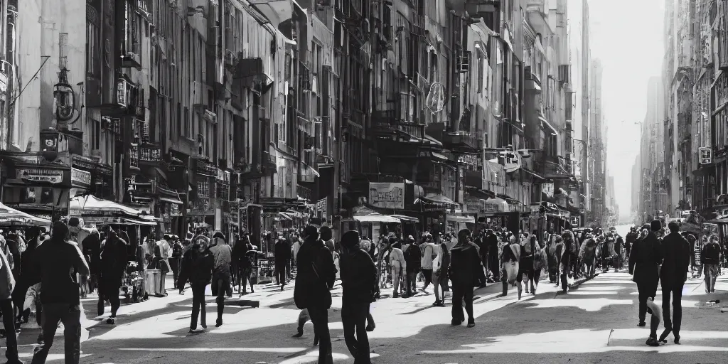 Image similar to city street, crowd, man in center frame, future retro, cinematic, atmospheric, cinematography by greig fraser, wide shot