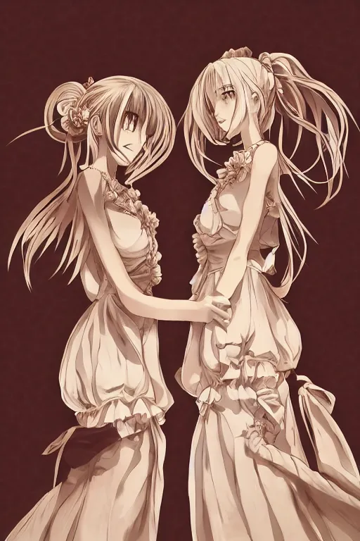 Image similar to a stare down between two beautiful maids standing face to face, detailed anime art