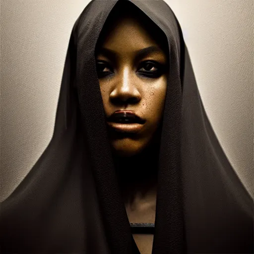 Image similar to a portrait of a young black woman wearing a long dark cloak, hood and shadows covering face, anatomically correct, beautiful perfect face, enigmatic, oil painting, matte painting, black background, Volumetric dynamic lighting, Highly Detailed, Cinematic Lighting, Unreal Engine, 8k, HD, by Beksinski