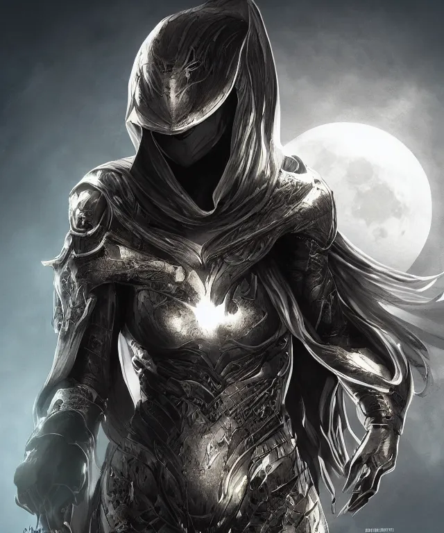 Image similar to female moon knight, hyper detailed, digital art, trending in artstation, cinematic lighting, studio quality, smooth render, unreal engine 5 rendered, octane rendered, art style by johames vemeer