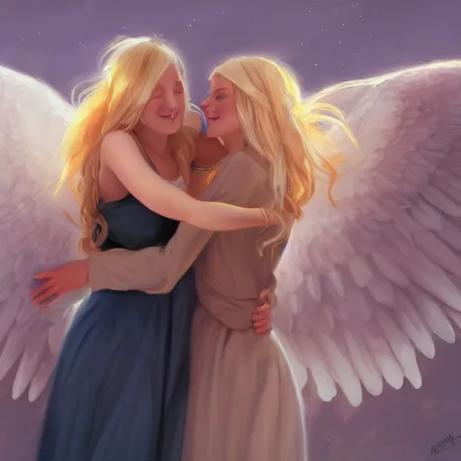 Prompt: a painting two young women in their twenties hugging, they are both beautiful with long blond hair, one of the girls has a halo above her head and angel wings, highly detailed, digital art, andreas rocha