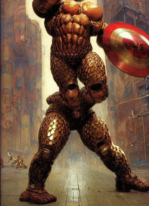 Image similar to huge morgan aste as marvel's juggernaut wearing metal helmet, dynamic, by lawrence alma tadema and jack kirby and greg staples and zdzislaw beksinski and norman rockwell and tom lovell