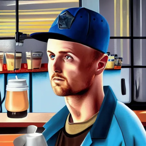 Image similar to Hyperrealistic ultradetailed digital art of Jesse Pinkman working at a coffee shop, realistic, detailed lighting, cinematic, trending on artstation and 500px and behance