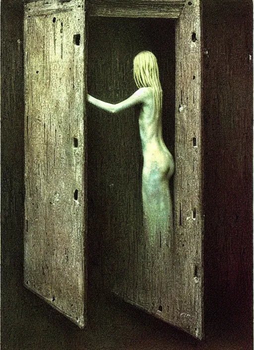 Prompt: pale girl in rags inside cage by Beksinski