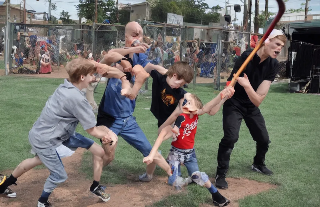 Image similar to jerma hitting a child with an aluminum baseball bat