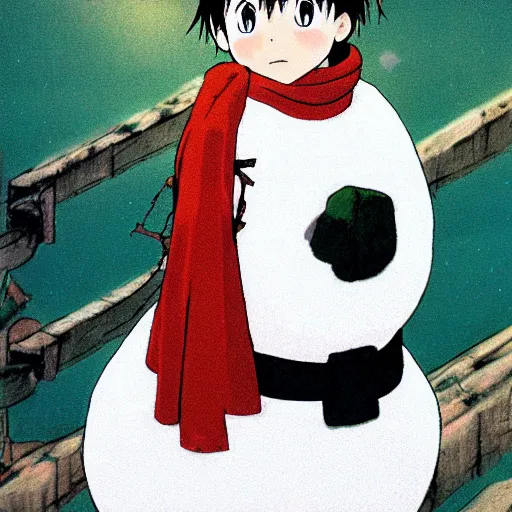 Image similar to an anime character wearing a snowman onsie, film by studio ghibli