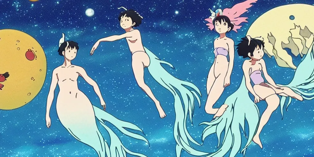 Image similar to studio ghibli animation about a space mermaid film