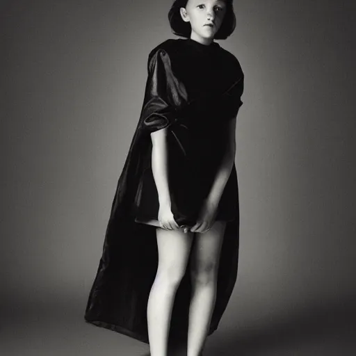 Prompt: a beautiful award winning photo of millie bobby brown wearing a trash bag, cinematic, atmospheric, tatiana lopez photograph