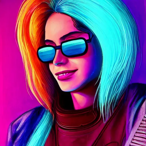 Prompt: closeup painting of a very beautiful young mexican cyberpunk woman with a smile, light blue neon sunglasses!! on her face, and a purple coloured leather jacket, one side haircut, long brown hair with light blue ends, portrait, sci - fi, hyperdetailed, cgsociety, synthwave by tangerine dream, by jean - michel jarre, by vangelis, by john carpenter