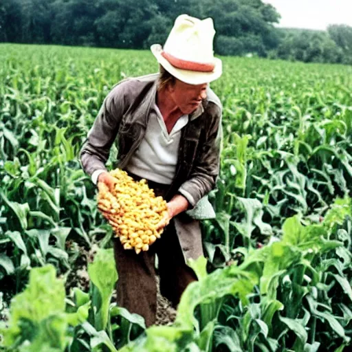 Prompt: david bowie harvesting corn from his garden