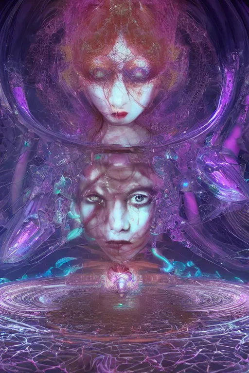 Image similar to A Weirdcore Mesmerizing 8k hyperrealistic Photo Portrait of The Biomechanic Empress Queen of Cosmic Creation, floating in forgotten Sentient iridescent mycelum solarpunk cathedral, Surrounded by Mist By Ayami Kojima, Daytoner, Greg Tocchini, James Jean,Yoshitaka Amano. Subsurface scattering. Octane Render.