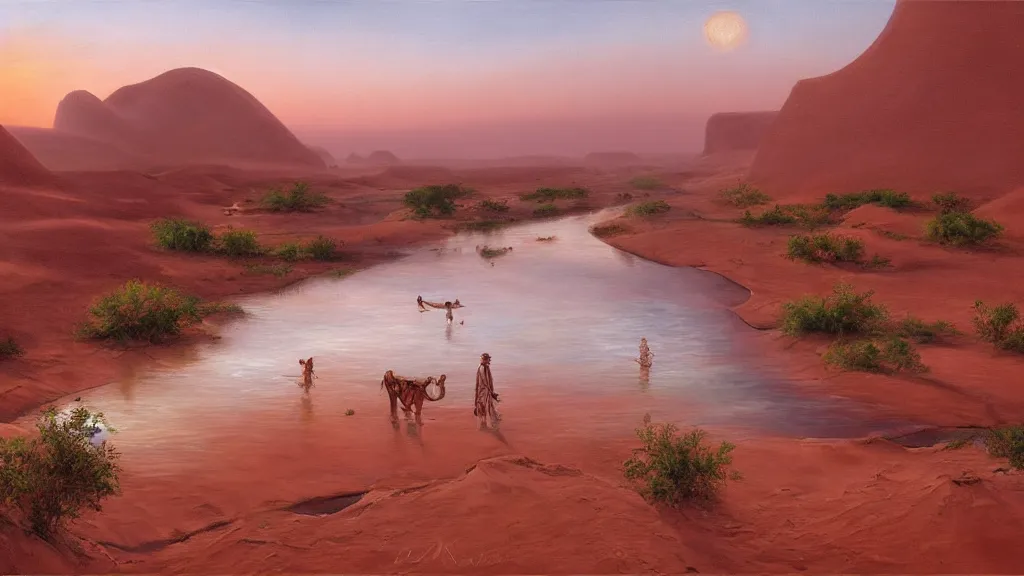 Prompt: High-Quality realist painting of a river crossing a traditional village in the Sahara Desert at dawn, peaceful, very detailed, digital art.