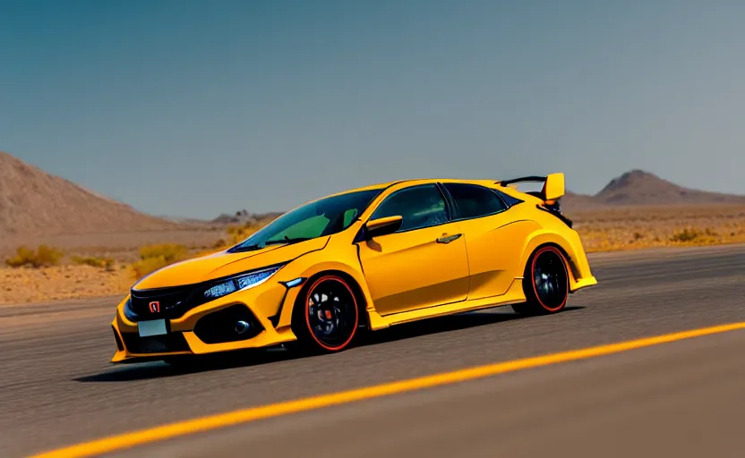 Image similar to photograph of a cell-shaded orange yellow Honda Civic EK9 Type-R, speeding on a desert road with a futuristic city in the horizon, kicking up dirt, action shot, sigma 85mm f/1.4, 4k, depth of field, high resolution, 4k, 8k, hd, full color