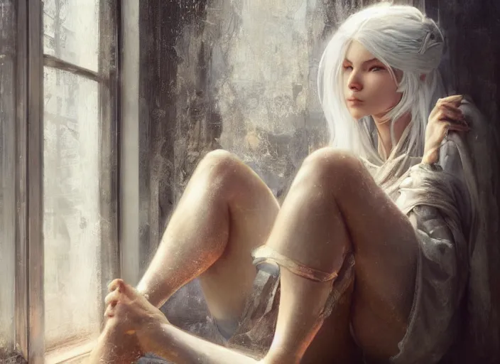 Prompt: beautiful girl warrior with white hair sitting next to a window, digital art, painting, by yoshitaka amano and greg rutkowski, octane render, expressive oil painting