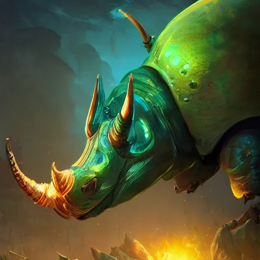 Image similar to a giant glowing rhino beetle, horned beetle, horned beetle, green theme, bright art masterpiece artstation. 8 k, sharp high quality artwork in style of jose daniel cabrera pena and greg rutkowski, concept art by tooth wu, blizzard warcraft artwork, hearthstone card game artwork, horned beetle