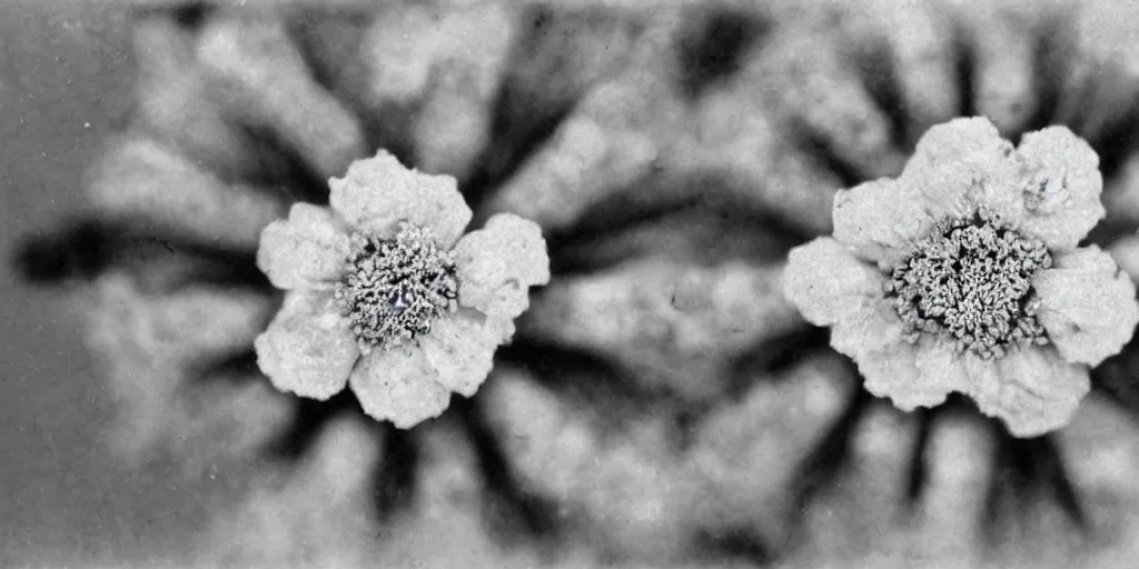 Prompt: close up photography of edelweiss flower made from bones, 1. 2 f, 3 5 mm, dark, eerie, 1 9 2 0 s ghost photography