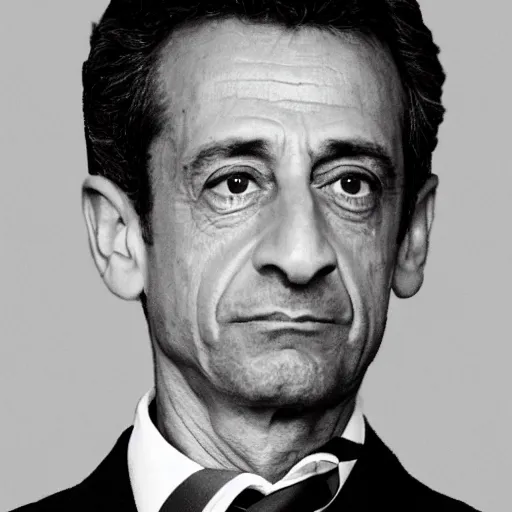 Prompt: very very low quality mugshot portrait of Nicolas Sarkozy, heavy grain, high contrast black and white