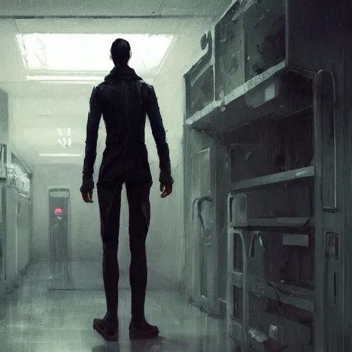 Prompt: concept art by greg rutkowski, a very tall and slender young man, dressed in patient clothes and an open sweatshirt, wandering through a desolate futuristic hospital, dimly lit, frightening, scifi, highly detailed portrait, digital painting, artstation, concept art, smooth, sharp foccus ilustration, artstation hq