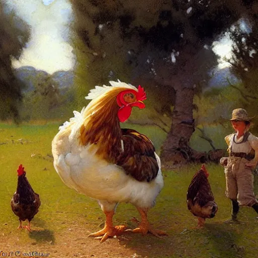 Image similar to chicken in the peaceful farm, highly detailed painting by gaston bussiere, craig mullins, j. c. leyendecker, 8 k