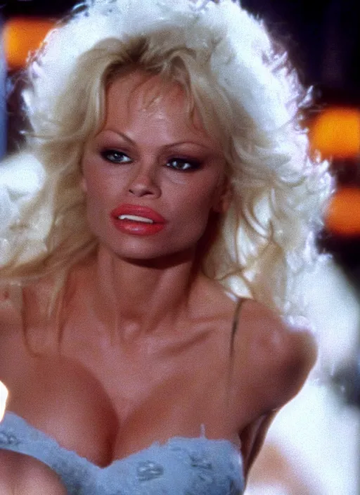 Image similar to a film still of pamela anderson in scarface.