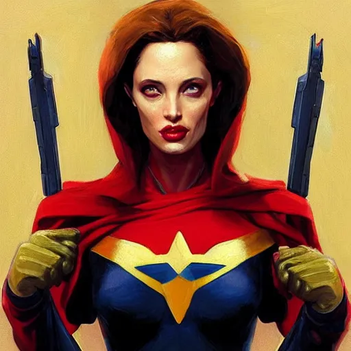 Prompt: masterpiece painting of communist angelona jolie as a mcu superhero, featured in artstation, concept art by greg rutkowski, wlop, dan mumford, christophe vacher