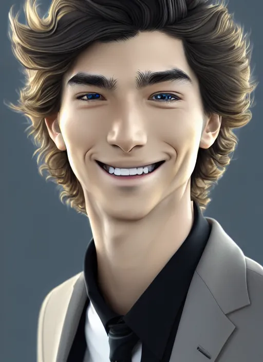 Image similar to young man with medium - length, curly, golden hair, perfectly proportioned face, aquamarine eyes, sweet smile, wearing a black suit, natural lighting, path traced, highly detailed, high quality, animation art, digital painting, by new haicheng and studio ghibli