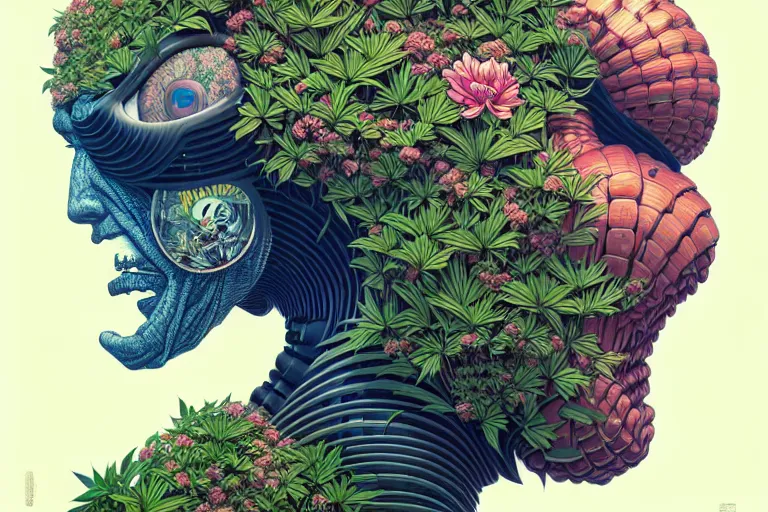 Prompt: gigantic robot head, a lot of exotic vegetation, trees, flowers by moebius, junji ito, tristan eaton, victo ngai, artgerm, rhads, ross draws, hyperrealism, intricate detailed, risograph