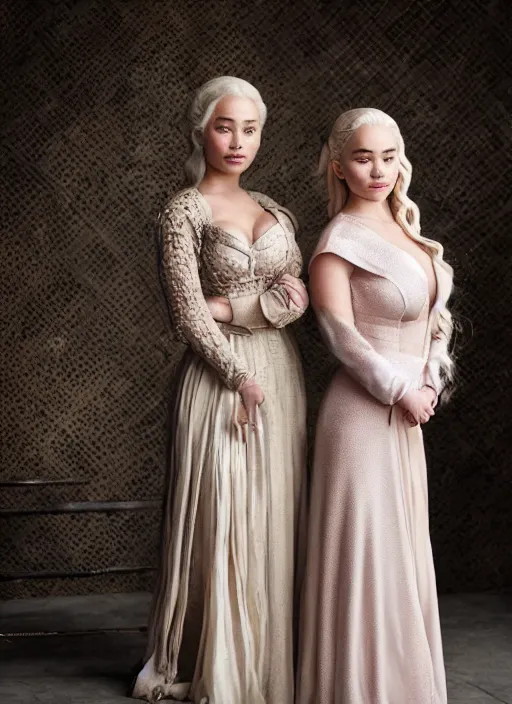 Image similar to portrait of lindsey pelas and emilia clarke wearing kebaya, still from game of thrones, by charlotte grimm, studio light, detailed face, canon eos c 3 0 0, ƒ 1. 8, 3 5 mm, 8 k, medium - format print, half body shot