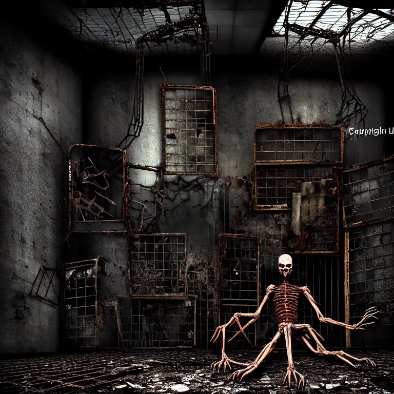 Image similar to Creepy huge suffering humanoid with long limbs sits on the floor and looks at the little old TV. An underground very dark gloomy multi-layered structure of rusty thick iron grates, dense chain-link fencing and peeling walls. Inside view, collapsed floors, bent rusted iron, masterpiece, black background, corners, cinematic, hyperdetailed, photorealistic, hyperrealism, octane render, 8k, depth of field, bokeh, architecture, shadows