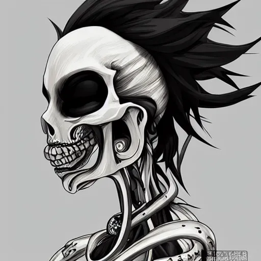 Prompt: anime manga skull profile young woman skeleton,biker helmet, unreal engine, intricate, elegant, highly detailed, digital art, art by JC Leyendecker and sachin teng