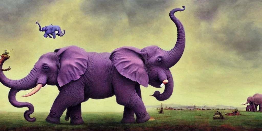 Image similar to a single purple elephant flying in the air like dumbo during a storm, close up of elephant with ground behind, illustration, detailed, smooth, soft, warm, by Adolf Lachman, Shaun Tan, Surrealism