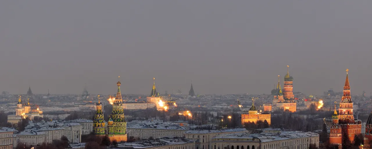 Image similar to Moscow Kremlin is on fire, people are panicking, dark atmosphere. Photography.