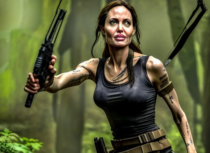 Image similar to film still of!!!! angelina jolie!!! as lara croft in new tomb raider movie, 8 k